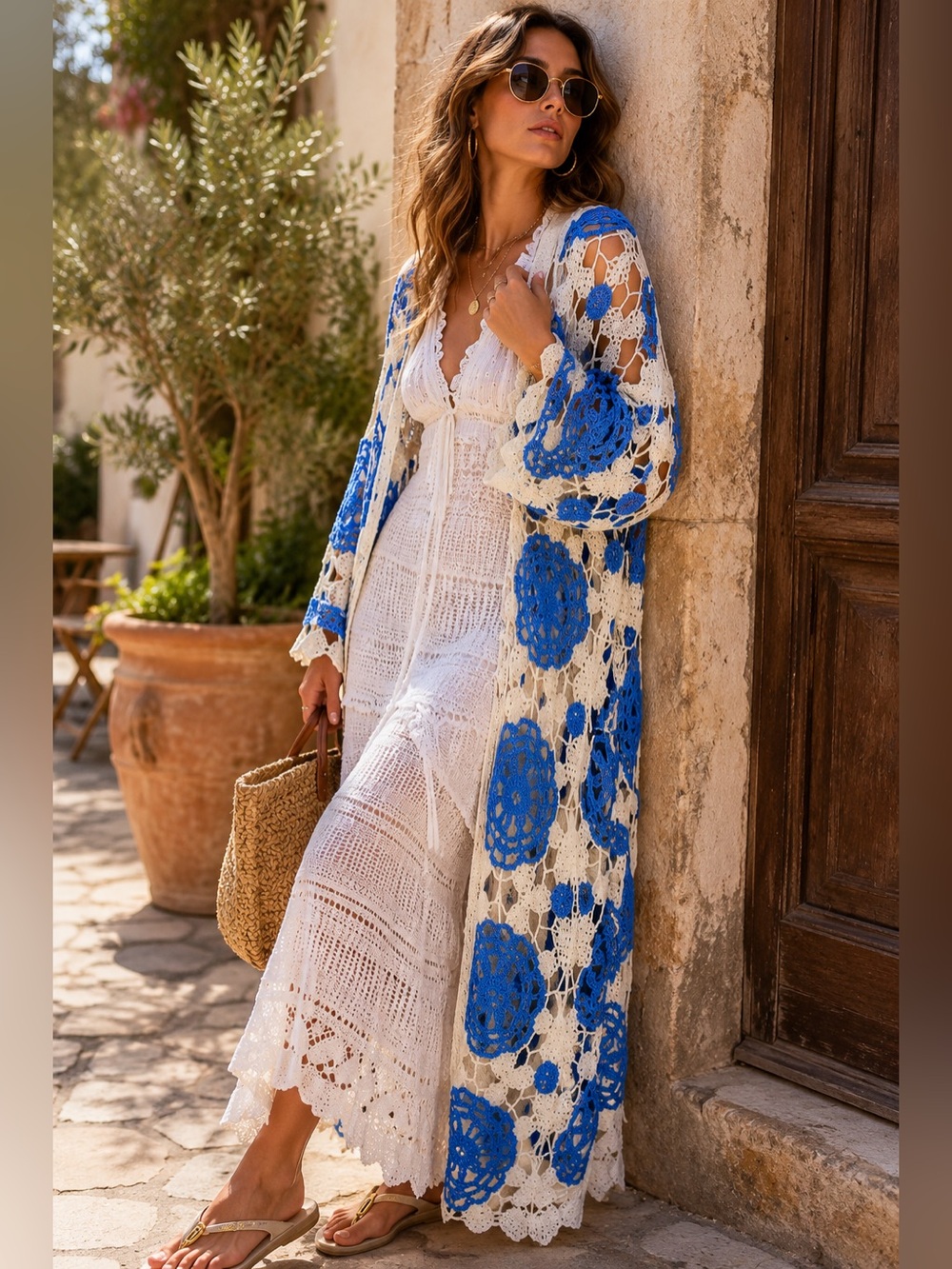 P75. Blue & Cream Crochet Open-Front Sweater Cardigan